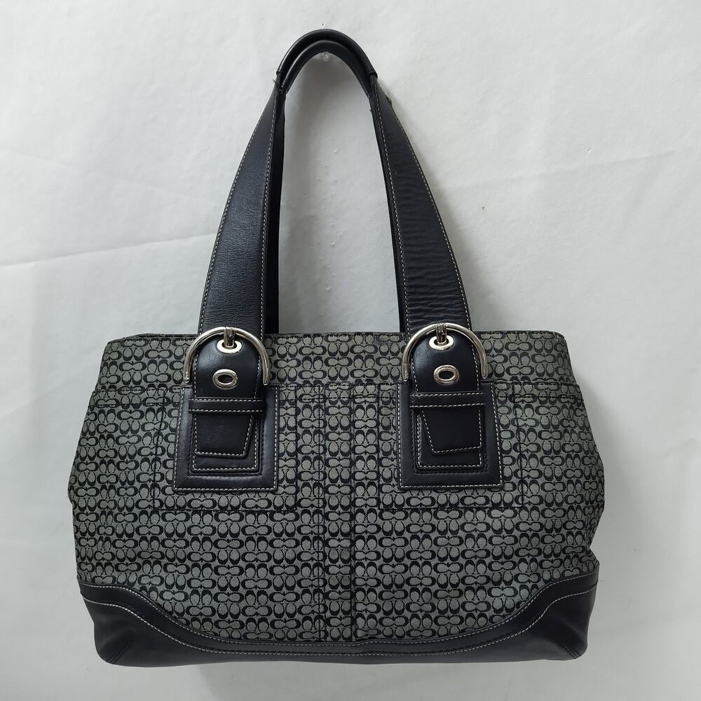 Coach Signature Black Canvas Leather Trim Double Handles Tote Bag - Picture 2 of 16